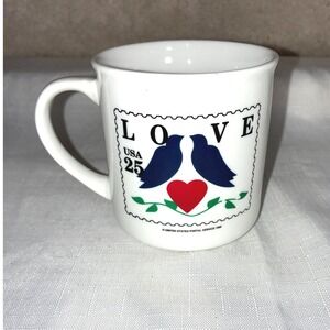 Vintage USPS Love Stamp Coffee Mugs Set of 4 Bluebirds Heart 1988 25 Cent White